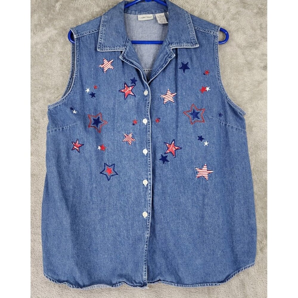 Cabin Creek Jean Shirt Womens 18W Blue Denim Embroidered Stars 90s Y2K Vintage